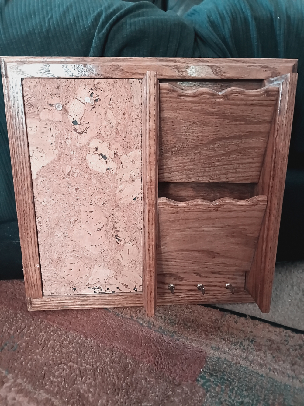 Wooden Oak Wall Organizer with Cork Board and Key Hooks - Brown